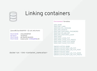 Linking containers
[ jboss@22ac4068f95f ~]$ cat /etc/hosts
172.17.0.50 22ac4068f95f
127.0.0.1 localhost
172.17.0.43 db 84e9fc3e4455
172.17.0.44 modcluster 13784a898c33
Environment Variables
$DB_NAME
$DB_ENV_LANG
$DB_ENV_PG_VERSION
$DB_ENV_PGDATA
$DB_ENV_POSTGRES_PASSWORD
$DB_ENV_PG_MAJOR
$DB_ENV_POSTGRES_USER
$DB_PORT
$DB_PORT_5432_TCP
$DB_PORT_5432_TCP_PROTO
$DB_PORT_5432_TCP_ADDR
$DB_PORT_5432_TCP_PORT
$MODCLUSTER_NAME
$MODCLUSTER_PORT_80_TCP
$MODCLUSTER_PORT_80_TCP_PORT
$MODCLUSTER_PORT
$MODCLUSTER_PORT_80_TCP_ADDR
$MODCLUSTER_PORT_80_TCP_PROTO
docker run --link <container_name:alias>
 