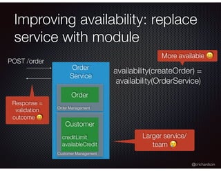 @crichardson
Order
Service
Order Management
Customer Management
Improving availability: replace
service with module
POST /order
Order
Customer
creditLimit
availableCredit
availability(createOrder) =
availability(OrderService)
More available 😄
Larger service/
team 😢
Response =
validation
outcome 😄
 