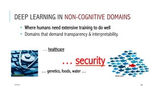 dbta.com
DEEP LEARNING IN NON-COGNITIVE DOMAINS
­  Where humans need extensive training to do well
­  Domains that demand transparency & interpretability.
  … healthcare
  … security
  … genetics, foods, water …
17/1/17 26
 TEKsystems
 