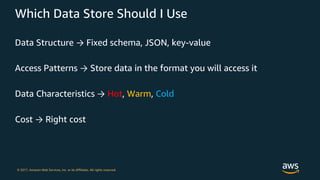 © 2017, Amazon Web Services, Inc. or its Affiliates. All rights reserved.
Which Data Store Should I Use
Data Structure → Fixed schema, JSON, key-value
Access Patterns → Store data in the format you will access it
Data Characteristics → Hot, Warm, Cold
Cost → Right cost
 
