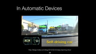 In Automatic Devices
http://blogs.nvidia.com/blog/2015/02/24/deep-learning-drive/
Self-driving car
29
 