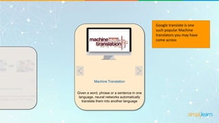 Machine Translation
Google translate is one
such popular Machine
translators you may have
come across
Given a word, phrase or a sentence in one
language, neural networks automatically
translate them into another language
 