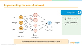 Implementing the neural network
x1
x2
x3
Input layer
y
Hidden Layer
Similarly, each of the neurons take a different combination of inputs
w4
Computation
• n1 = Φ(7.41*w1+3.51*w2
+b1)
• n2 = Φ(7.4*w3+9.4*w4
+b2)
w3
Output Layer
^mileage
ABS
cc
Bike price
 