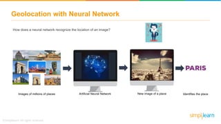 Geolocation with Neural Network
How does a neural network recognize the location of an image?
Artificial Neural Network New image of a placeImages of millions of places Identifies the place
 