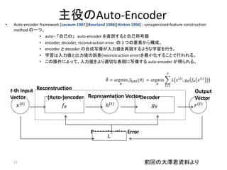 主役のAuto-Encoder
•    Auto-encoder framework [Lecaum 1987][Bourland 1988][Hinton 1994] : unsupervised feature construction
     method の一つ。
                  • auto-: 「自己の」 auto-encoder を直訳すると自己符号器
                  • encoder, decoder, reconstruction error の 3 つの要素から構成。
                  • encoder と decoder の合成写像が入力値を再現するような学習を行う。
                  • 学習は入力値と出力値の誤差(reconstruction error)を最小化することで行われる。
                  • この操作によって、入力値をより適切な表現に写像する auto-encoder が得られる。

                                                                                     𝑇
                                                                                                𝑡                𝑡
                                                     𝜃 = argmin 𝒥DAE (𝜃) = argmin         𝐿 𝑥       , 𝑔 𝜃 𝑓𝜃 𝑥
                                                            𝜃                  𝜃
                                                                                    𝑡=1
    t-th Input Reconstruction                                                                              Output
    Vector         (Auto-)encoder Representation VectorDecoder                                             Vector
        𝑥 (𝑡)            𝑓𝜃              𝑕(𝑡)              𝑔𝜃                                              𝑟 (𝑡)



                                             Reconstruction Error
                                                    𝐿



     17                                                                 前回の大澤君資料より
 