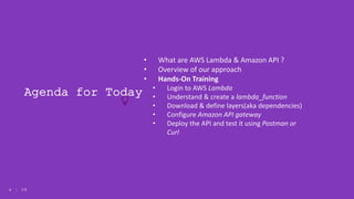 4 | 5 04 | 5 0
• What are AWS Lambda & Amazon API ?
• Overview of our approach
• Hands-On Training
• Login to AWS Lambda
• Understand & create a lambda_function
• Download & define layers(aka dependencies)
• Configure Amazon API gateway
• Deploy the API and test it using Postman or
Curl
Agenda for Today
 