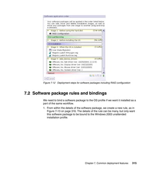 Figure 7-12 Deployment steps for software packages including RAID configuration



7.2 Software package rules and bindings
        We need to bind a software package to the OS profile if we want it installed as a
        part of the same workflow.
        1. From within the details of the software package, we create a new rule, as in
           Figure 7-13 on page 316. The details of the rule can be many, but only want
           this software package to be bound to the Windows 2003 unattended
           installation profile.




                                             Chapter 7. Common deployment features        315
 
