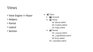 Views
• View Engine => Razor
• Helpers
• Partial
• Layout
• Section
 