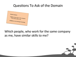 Ques@ons	
  To	
  Ask	
  of	
  the	
  Domain	
  
As	
  an	
  emp
loyee	
  
	
  
I	
  want	
  to	
  k
now	
  who	
  i
n	
  the	
  co
has	
  similar	
  
skills	
  to	
  me mpany	
  
	
  
	
  
So	
  that	
  we
	
  can	
  excha
nge	
  knowle
dge	
  

Which	
  people,	
  who	
  work	
  for	
  the	
  same	
  company	
  
as	
  me,	
  have	
  similar	
  skills	
  to	
  me?	
  

 
