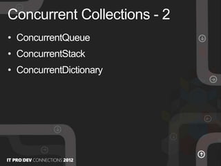 Concurrent Collections - 2
• ConcurrentQueue
• ConcurrentStack
• ConcurrentDictionary
 