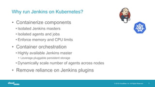 © 2018 CloudBees, Inc. All Rights Reserved. 5
Why run Jenkins on Kubernetes?
• Containerize components
• Isolated Jenkins masters
• Isolated agents and jobs
• Enforce memory and CPU limits
• Container orchestration
• Highly available Jenkins master
▸ Leverage pluggable persistent storage
• Dynamically scale number of agents across nodes
• Remove reliance on Jenkins plugins
 