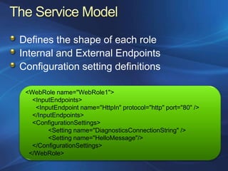 Defines the shape of each role
Internal and External Endpoints
Configuration setting definitions

 <WebRole name="WebRole1">
   <InputEndpoints>
    <InputEndpoint name="HttpIn" protocol="http" port="80" />
   </InputEndpoints>
   <ConfigurationSettings>
        <Setting name="DiagnosticsConnectionString" />
        <Setting name="HelloMessage"/>
   </ConfigurationSettings>
  </WebRole>
 