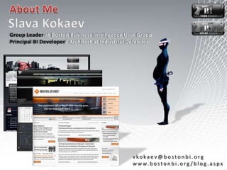 About MeSlava KokaevGroup Leader at Boston Business Intelligence User GroupPrincipal BI Developer/ Architect at Industrial Defendervkokaev@bostonbi.orgwww.bostonbi.org/blog.aspx