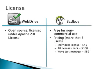 WebDriver Badboy
• Open source, licensed
under Apache 2.0
License
• Free for non-
commercial use
• Pricing (more that 5
users)
– Individual license – $45
– 10 licenses pack – $300
– Wave test manager – $89
 