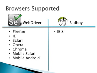 WebDriver Badboy
• Firefox
• IE
• Safari
• Opera
• Chrome
• Mobile Safari
• Mobile Android
• IE 8
 