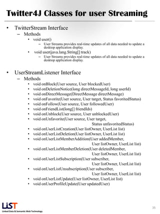 Linked Data & Semantic Web Technology
Twitter4J Classes for user Streaming
• TwitterStream Interface
– Methods
• void user()
– User Streams provides real-time updates of all data needed to update a
desktop application display.
• void user(java.lang.String[] track)
– User Streams provides real-time updates of all data needed to update a
desktop application display.
• UserStreamListener Interface
– Methods
• void onBlock(User source, User blockedUser)
• void onDeletionNotice(long directMessageId, long userId)
• void onDirectMessage(DirectMessage directMessage)
• void onFavorite(User source, User target, Status favoritedStatus)
• void onFollow(User source, User followedUser)
• void onFriendList(long[] friendIds)
• void onUnblock(User source, User unblockedUser)
• void onUnfavorite(User source, User target,
Status unfavoritedStatus)
• void onUserListCreation(User listOwner, UserList list)
• void onUserListDeletion(User listOwner, UserList list)
• void onUserListMemberAddition(User addedMember,
User listOwner, UserList list)
• void onUserListMemberDeletion(User deletedMember,
User listOwner, UserList list)
• void onUserListSubscription(User subscriber,
User listOwner, UserList list)
• void onUserListUnsubscription(User subscriber,
User listOwner, UserList list)
• void onUserListUpdate(User listOwner, UserList list)
• void onUserProfileUpdate(User updatedUser)
35
 