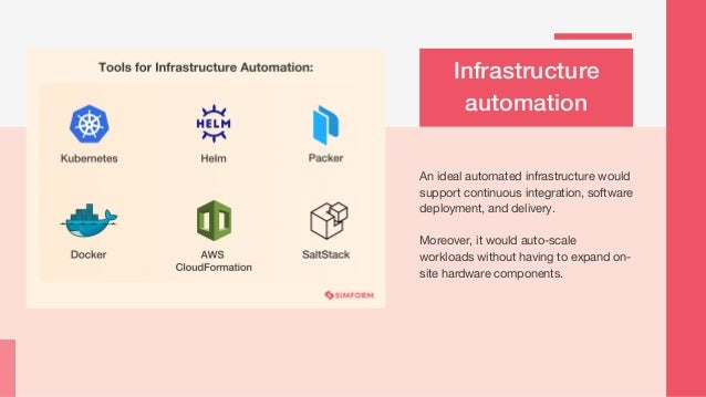 Infrastructure
automation
An ideal automated infrastructure would
support continuous integration, software
deployment, and delivery.
Moreover, it would auto-scale
workloads without having to expand on-
site hardware components.
 