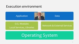 Execution environment
Operating System
O.S. Modules
Local Services, Libraries
Application
Network & External Services
Data
14
 