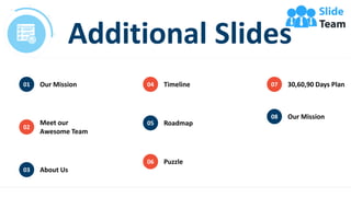 Additional Slides
36
30,60,90 Days Plan
07
Our Mission
08
Our Mission
01
Meet our
Awesome Team
02
About Us
03
Timeline
04
Roadmap
05
Puzzle
06
 