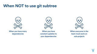 When everyone in the
team must work on
sub-projects
When you have
constant updates to
your dependencies
When you have many
dependencies
When NOT to use git subtree
 