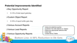 Potential Improvements Identified
❑Key Opportunity Report
•

9-13% of total report gets/day

❑Custom Object Report
•

0-16% of report buffer gets /day

❑Various Account Reports
❑Various Lead Reports
❑Various Opportunity Reports

•
•
•
•
•

Using non-selective queries
Customer has wide objects (i.e. Oppty)
Determine appropriate selective field
Index field
Create Skinny Tables

Bottom Line: A 98% Reduction in Db Gets

 