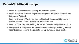Parent-Child Relationships
▪ Insert of Contact requires locking the parent Account.
▪ Insert or Update of Event requires locking both the parent Contact and
the parent Account.
▪ Insert or Update of Task requires locking both the parent Contact and
parent Account, if the Task is marked as complete.
▪ Insert of Case requires locking the parent Contact and parent Account.
▪ In objects that are part of a master/detail relationship, updating a detail
record requires locking the parent if roll-up summary fields exist.

 