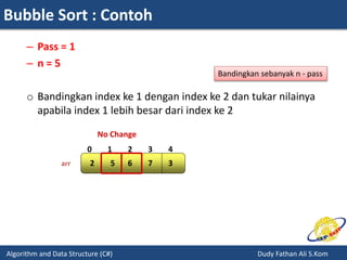 Bubble Sort : Contoh
Algorithm and Data Structure (C#) Dudy Fathan Ali S.Kom
– Pass = 1
– n = 5
o Bandingkan index ke 1 dengan index ke 2 dan tukar nilainya
apabila index 1 lebih besar dari index ke 2
arr
210 43
6 7 32 5
No Change
Bandingkan sebanyak n - pass
 