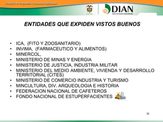 ENTIDADES QUE EXPIDEN VISTOS BUENOS


•   ICA, (FITO Y ZOOSANITARIO)
•   INVIMA, (FARMACEUTICO Y ALIMENTOS)
•   MINERCOL,
•   MINISTERIO DE MINAS Y ENERGIA
•   MINISTERIO DE JUSTICIA, INDUSTRIA MILITAR
•   MINISTERIO DEL MEDIO AMBIENTE, VIVIENDA Y DESARROLLO
    TERRITORIAL (CITES)
•   MINISTERIO DE COMERCIO INDUSTRIA Y TURISMO
•   MINCULTURA, DIV. ARQUEOLOGIA E HISTORIA
•   FEDERACION NACIONAL DE CAFETEROS
•   FONDO NACIONAL DE ESTUPERFACIENTES


                                                     55
 