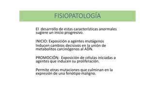 FISIOPATOLOGÍA
El desarrollo de estas características anormales
sugiere un inicio progresivo.
INICIO: Exposición a agentes mutágenos
Inducen cambios decisivos en la unión de
metabolitos carcinógenos al ADN.
PROMOCIÓN: Exposición de células iniciadas a
agentes que inducen su proliferación.
Permite otras mutaciones que culminan en la
expresión de una fenotipo maligno.
 