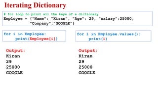 Iterating Dictionary
# for loop to print all the keys of a dictionary
Employee = {"Name": “Kiran", "Age": 29, "salary":25000,
"Company":"GOOGLE"}
Output:
Kiran
29
25000
GOOGLE
for i in Employee.values():
print(i)
for i in Employee:
print(Employee[i])
Output:
Kiran
29
25000
GOOGLE
 