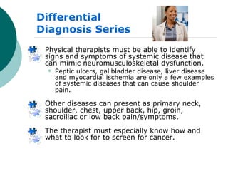 Differential  Diagnosis Series Physical therapists must be able to identify signs and symptoms of systemic disease that can mimic neuromusculoskeletal dysfunction.  Peptic ulcers, gallbladder disease, liver disease and myocardial ischemia are only a few examples of systemic diseases that can cause shoulder pain.   Other diseases can present as primary neck, shoulder, chest, upper back, hip, groin, sacroiliac or low back pain/symptoms.  The therapist must especially know how and what to look for to screen for cancer. 