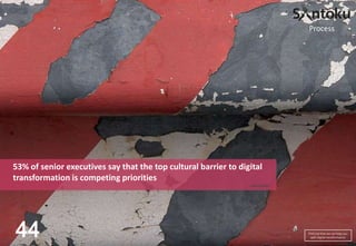 Process

53% of senior executives say that the top cultural barrier to digital
transformation is competing priorities
eMarketer

44

Find out how we can help you
with digital transformation

 