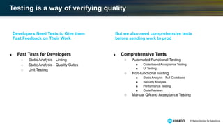 Testing is a way of verifying quality
● Fast Tests for Developers
○ Static Analysis - Linting
○ Static Analysis - Quality Gates
○ Unit Testing
Developers Need Tests to Give them
Fast Feedback on Their Work
● Comprehensive Tests
○ Automated Functional Testing
■ Code-based Acceptance Testing
■ UI Testing
○ Non-functional Testing
■ Static Analysis - Full Codebase
■ Security Analysis
■ Performance Testing
■ Code Reviews
○ Manual QA and Acceptance Testing
But we also need comprehensive tests
before sending work to prod
 