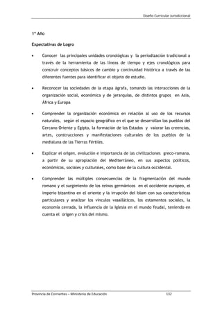 Diseño Curricular Jurisdiccional
Provincia de Corrientes – Ministerio de Educación 132
1º Año
Expectativas de Logro
Conocer las principales unidades cronológicas y la periodización tradicional a
través de la herramienta de las líneas de tiempo y ejes cronológicos para
construir conceptos básicos de cambio y continuidad histórica a través de las
diferentes fuentes para identificar el objeto de estudio.
Reconocer las sociedades de la etapa ágrafa, tomando las interacciones de la
organización social, económica y de jerarquías, de distintos grupos en Asia,
África y Europa
Comprender la organización económica en relación al uso de los recursos
naturales, según el espacio geográfico en el que se desarrollan los pueblos del
Cercano Oriente y Egipto, la formación de los Estados y valorar las creencias,
artes, construcciones y manifestaciones culturales de los pueblos de la
medialuna de las Tierras Fértiles.
Explicar el origen, evolución e importancia de las civilizaciones greco-romana,
a partir de su apropiación del Mediterráneo, en sus aspectos políticos,
económicos, sociales y culturales, como base de la cultura occidental.
Comprender las múltiples consecuencias de la fragmentación del mundo
romano y el surgimiento de los reinos germánicos en el occidente europeo, el
imperio bizantino en el oriente y la irrupción del Islam con sus características
particulares y analizar los vínculos vasalláticos, los estamentos sociales, la
economía cerrada, la influencia de la Iglesia en el mundo feudal, teniendo en
cuenta el origen y crisis del mismo.
 