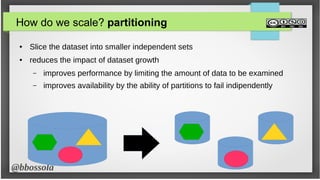 @bbossola
How do we scale? partitioning
● Slice the dataset into smaller independent sets
● reduces the impact of dataset growth
– improves performance by limiting the amount of data to be examined
– improves availability by the ability of partitions to fail indipendently
 