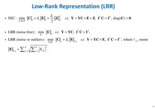 19
Low-Rank Representation (LRR)
2
1 1, ,
2,12,1,
SSC : min . . , , diag( ) .
2
LRR (noise-free) : min . . , .
LRR (noise or outliers) : min . . , , where -nor
T Tz
e F
T T
T T
e
s t
s t
s t
λ
λ
λ
∗
∗
+ + = + + = =
= =
+ = + =
C E Z
C
C E
C E Z Y YC E Z 1 C 1 C 0
C Y YC 1 C 1
C E Y YC E 1 C 1
i
i
i ℓ
2
2,1 1 1
m
.
N N
jkk j
E= =
=  E
 