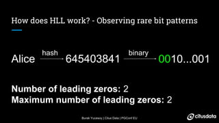 Burak Yucesoy | Citus Data | PGConf EU
How does HLL work? - Observing rare bit patterns
hash
Alice 645403841
binary
0010...001
Number of leading zeros: 2
Maximum number of leading zeros: 2
 
