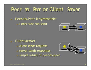 Peer to P or Client Server
     - - eer        -
?            Peer-to-Peer is symmetric:
               ?        Either side can send




?            Client-server
               ? client sends requests            requ
                                                       est
               ? server sends responses
                                                  resp
                                                      onse

               ? simple subset of peer -to-peer


J.J.Bunn, Distributed Databases, 2001                        90
 