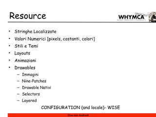 Resource
•   Stringhe Localizzate
•   Valori Numerici [pixels, costanti, colori]
•   Stili e Temi
•   Layouts
•   Animazioni
•   Drawables
     – Immagini
     – Nine-Patches
     – Drawable Nativi
     – Selectors
     – Layered
                   CONFIGURATION (and locale)- WISE
                               Dive into Android
 