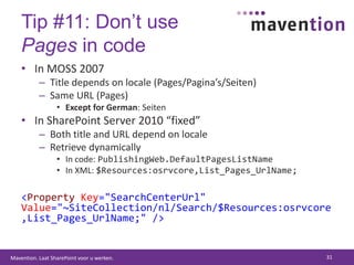 Tip #5: Unlock Client OM for anonymous$wa = Get-SPWebApplication -Identity "http://diwug"$wa.ClientCallableSettings.AnonymousRestrictedTypes.Remove([Microsoft.SharePoint.SPList], "GetItems")$wa.Update()Keep in mind: Decreases security!More info:http://blog.mastykarz.nl/go/diwug-325