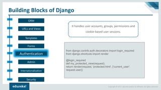 Copyright © 2017, edureka and/or its affiliates. All rights reserved.
Building Blocks of Django
Authentication
ORM
URLs and Views
Templates
Forms
Admin
Internationalization
Security
It handles user accounts, groups, permissions and
cookie-based user sessions.
from django.contrib.auth.decorators import login_required
from django.shortcuts import render
@login_required
def my_protected_view(request):
return render(request, 'protected.html', {'current_user':
request.user})
 