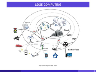 EDGE COMPUTING
8
Fig. 1: An illustration of edge computing
resources to gain AI insight. Notably, edge intelligence has
garnered much attention from both the industry and academia.
on edg
In t
for ar
learnin
A. Ar
Wh
tremen
coined
intelli
do. T
refer f
techno
ligenc
https://arxiv.org/abs/1905.10083
 