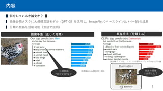内容
4
▊ 何をしているか論文か？ ▊
▍ 画像分類タスクに大規模言語モデル（GPT-3）を活用し、ImageNetでベースライン比＋4～5%の成果
▍ 分類の根拠を説明可能（言語で説明）
分類根拠
“足が２本”など
Dalmatian
体表の模様
で分類した？
※横軸はcos類似度×100
既存手法（分類ミス）
提案手法（正しく分類）
※赤棒グラフは、ミスした分類カテゴリのOursモデル値
 