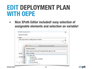 Andreas Koop
EDIT DEPLOYMENT PLAN
WITH OEPE
‣ Nice XPath Editor included! easy selection of
assignable elements and selection on variable!
27
 