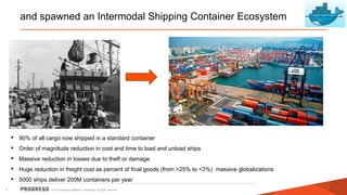 © 2015 Progress Software Corporation. All rights reserved.7
and spawned an Intermodal Shipping Container Ecosystem
• 90% of all cargo now shipped in a standard container
• Order of magnitude reduction in cost and time to load and unload ships
• Massive reduction in losses due to theft or damage
• Huge reduction in freight cost as percent of final goods (from >25% to <3%) massive globalizations
• 5000 ships deliver 200M containers per year
 
