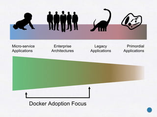 Micro-service
Applications
Legacy
Applications
Primordial
Applications
Enterprise
Architectures
Docker Adoption Focus
 