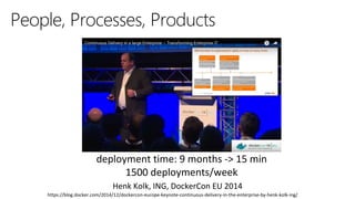 28
https://blog.docker.com/2014/12/dockercon-europe-keynote-continuous-delivery-in-the-enterprise-by-henk-kolk-ing/
Henk Kolk, ING, DockerCon EU 2014
People, Processes, Products
deployment time: 9 months -> 15 min
1500 deployments/week
 