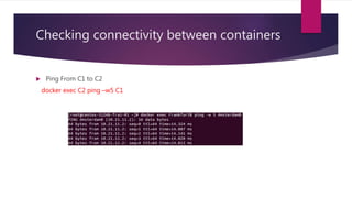 Checking connectivity between containers
 Ping From C1 to C2
docker exec C2 ping –w5 C1
 