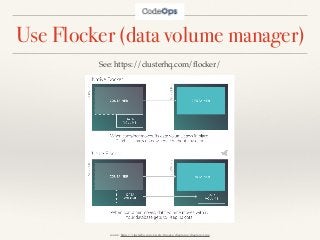 Use Flocker (data volume manager)
source: https://clusterhq.com/assets/images/diagrams/diagram-1.jpg
See: https://clusterhq.com/ﬂocker/
 
