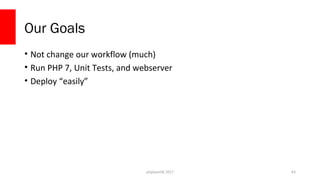 php[world] 2017
Our Goals
• Not change our workflow (much)
• Run PHP 7, Unit Tests, and webserver
• Deploy “easily”
63
 